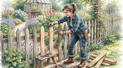 Woman building a wooden fence in a colorful garden setting  
