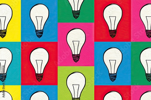Colorful pop art illustration featuring a grid of hand-drawn light bulb icons in bold colors including yellow, blue, red, pink, green, and turquoise, creating a playful pattern