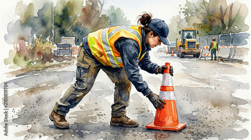 Construction worker placing traffic cone on road during repair  