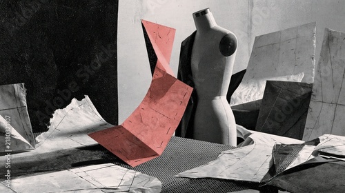 Paper tailoring patterns arranged around dress forms in a mixed media collage illustration