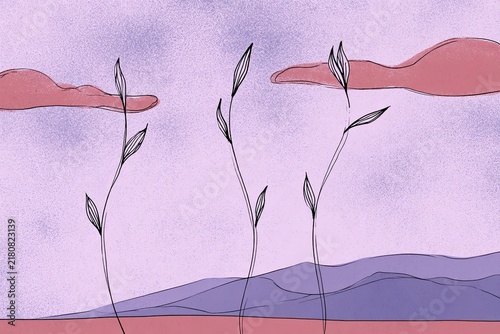 Whimsical minimalist botanical illustration featuring three tall fantasy plants with slender stems and pointed leaves against a pastel landscape with stylized clouds