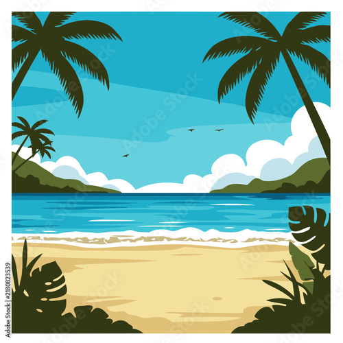 Tropical beach scene with calm ocean and palm trees. Peaceful vista with sandy shore and lush vegetation. Vacation destination. Illustration for travel magazine -