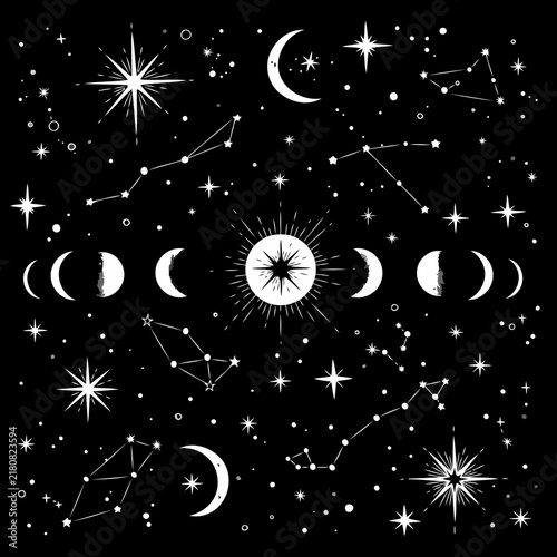 Celestial design with various celestial bodies in a graphic pattern. Displaying different phases of the moon, stars, and constellations, against a black background.