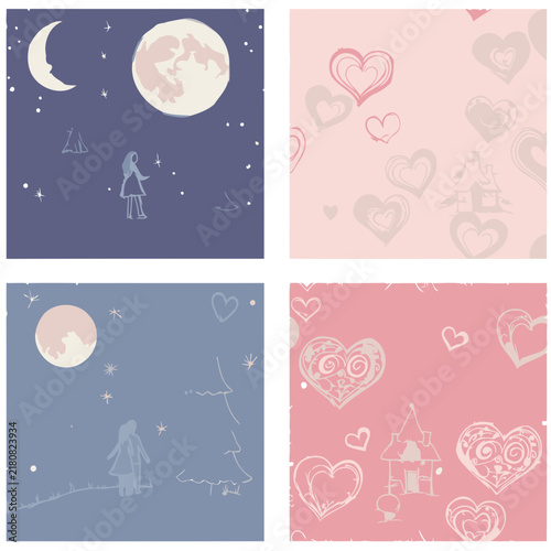 Hand drawn whimsical illustrations of a couple and a girl gazing at the moon, paired with heart-shaped patterns, depicting a romantic, magical scene.