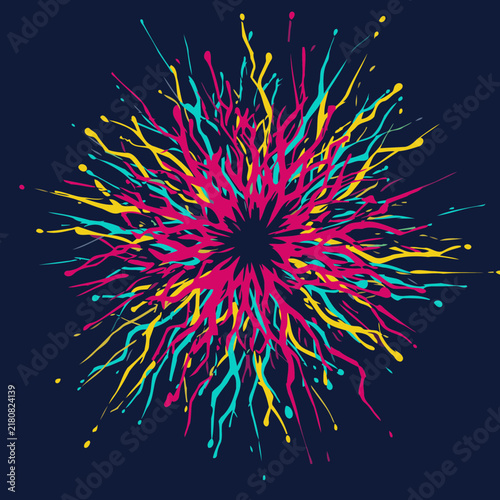 Abstract radial design with vibrant color splatter patterns. Colorful explosion design on a dark background. Modern graphic element for design use -