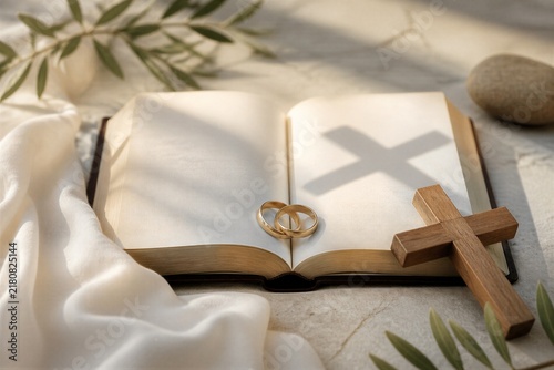 Two gold wedding rings on open bible with wooden cross and cross shadow. Christian marriage covenant and faith symbol.