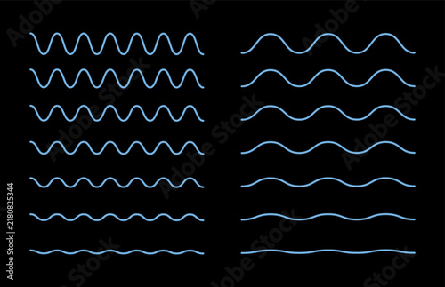 Vector blue wavy and zigzag horizontal underline. Wave ornament pattern. Wave thin line background. Waves blue line collection. Set of wavy blue lines.