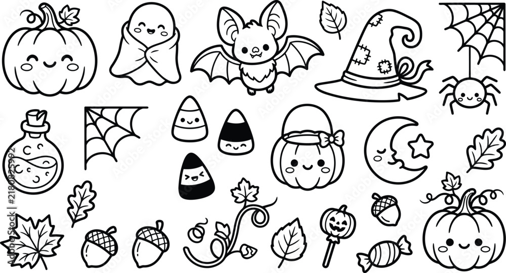 Fototapeta premium Cute halloween doodle set with pumpkin ghost bat and spider line art collection Vector, illustration ai generated
