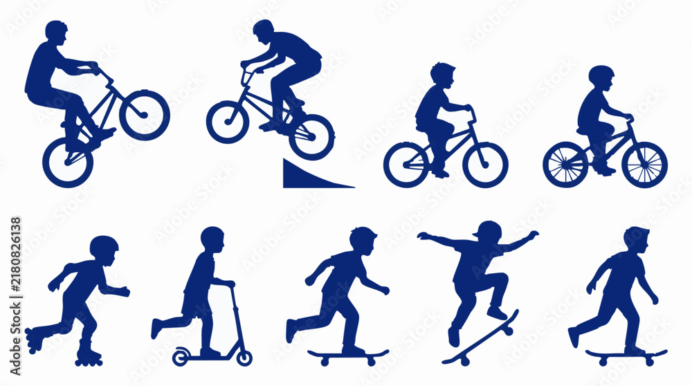 Fototapeta premium Children and teens engaged in various action sports silhouettes