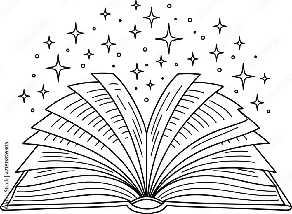 Obraz premium Open magic book line art concept with sparkling stars coming out from turning pages vector illustration