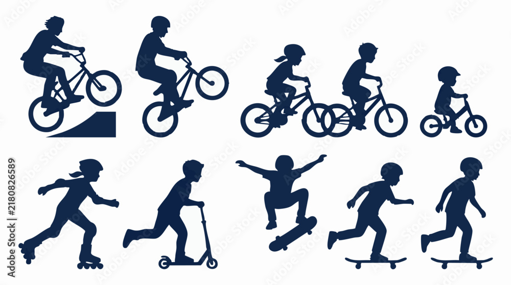 Obraz premium Silhouettes of children and adults enjoying wheeled sports and extreme activities