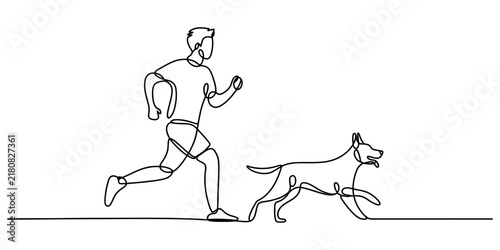 Continuous single line drawing of man running with his dog, showcasing healthy lifestyle and pet companionship.