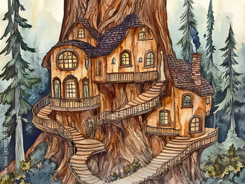 Whimsical Treehouse Cottage Built into a Giant Tree in a Fantasy Forest