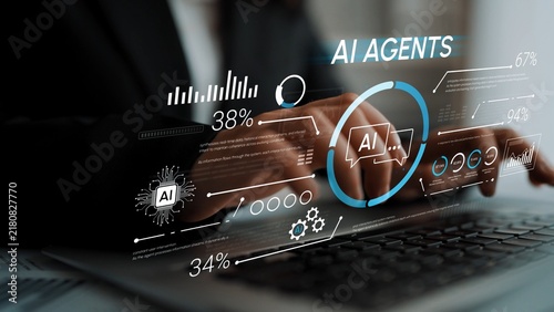 Hands typing on a laptop with AI agents dashboard displaying analytics, graphs, and statistics, symbolizing technology and future of artificial intelligence in business. Entropy.