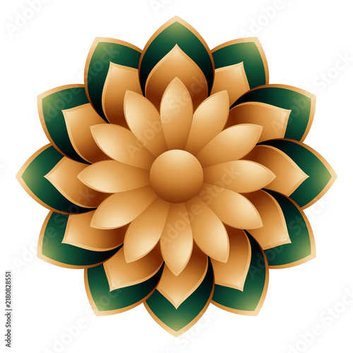 Gold and dark green 3D lotus flower vector ornament isolated on white background