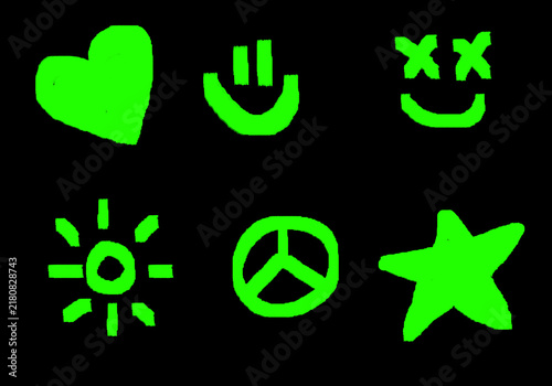 Green doodles on.a black background, heart, smiley, sun, peace sign, star