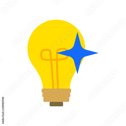 Flat vector illustration of glowing yellow lightbulb with blue sparkle star. Minimalist electric lamp icon template for brilliant creative idea concept, startup innovation, and smart solution.