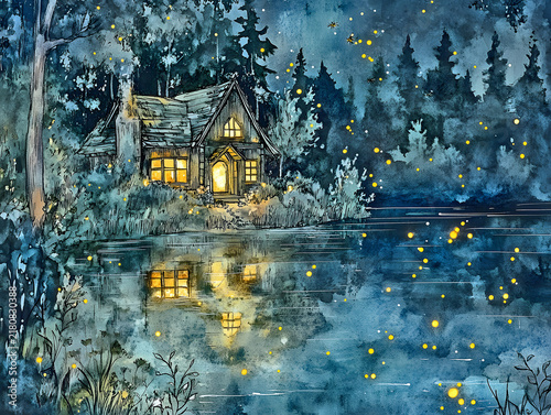 Magical Cottage Reflected in a Forest Lake Under a Starry Night Sky