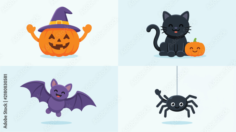 Obraz premium Halloween pumpkin witch bat black cat spider illustration