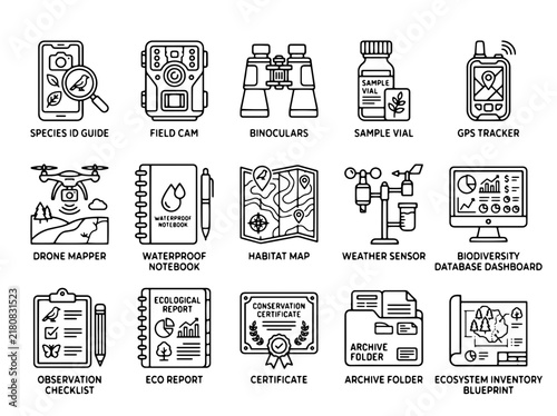 Ecological research icons set, 15 biodiversity field study line icons, conservation science equipment vector collection