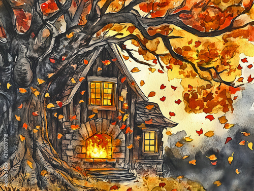 Cozy Fairy Tale Cottage Surrounded by Golden Autumn Leaves