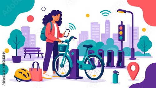 Foto Urban cyclist uses app to unlock shared bike