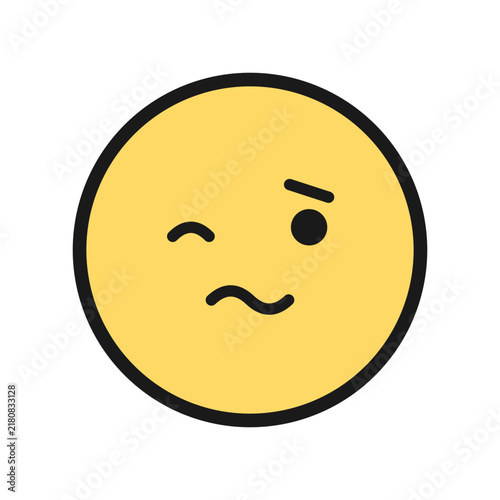 Foto A yellow face with one raised eyebrow, a squiggly eye, and a wavy uneven mouth, portraying puzzlement or uncertainty