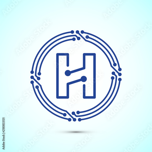 Letter H stylized with digital circuit board blue lines for technology branding.