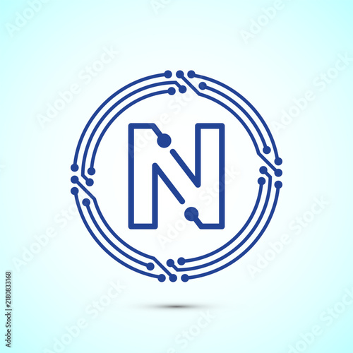 Blue tech circular letter N logo on white backdrop for corporate identity.