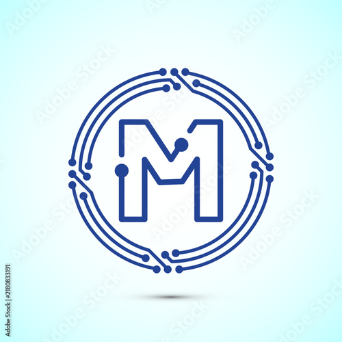 Blue tech circular letter M logo on white backdrop for corporate identity.