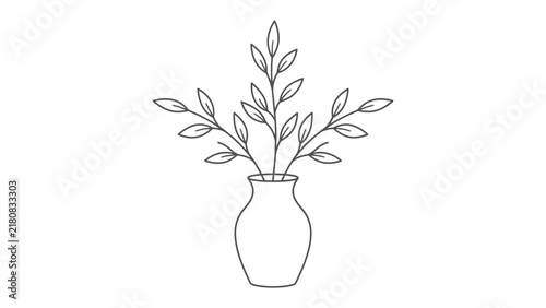 Minimalist Botanical Illustration: A delicate line drawing depicts a simple vase holding a sprig of leaves, exuding understated elegance and natural simplicity.