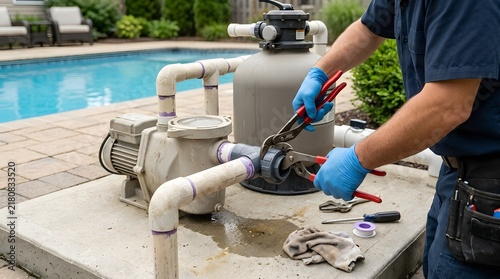 Technician Tightening Pool Pump Union Fitting With Channel Pliers