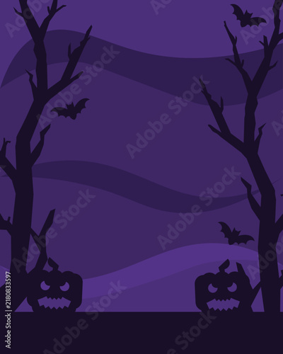 Dark Halloween landscape featuring a mysterious purple forest, bare trees, gravestones, and layered hills, creating an eerie atmospheric background for seasonal posters, cards, banners, and invitation