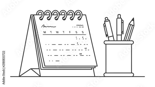 Desk Calendar and Pen Holder: A clean, graphic illustration of a desk calendar and a holder filled with writing instruments, symbolizing organization and planning.