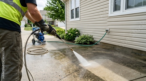 Worker Power Washing Stained Concrete Patio Near House Foundation