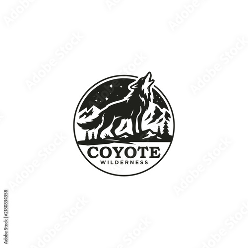 Vintage howling wolf or coyote logo emblem featuring mountain landscape and starry night sky silhouette vector illustration
