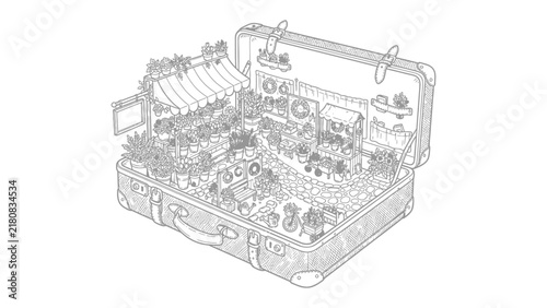 Konstfotografi Miniature World Inside a Suitcase: A whimsical illustration depicts a bustling miniature world, complete with tiny trees, buildings, and a market stall, all contained within an open vintage suitcase