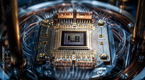 Obraz na płótnie Close up view of a high performance quantum processor chip inside a cryogenic computing system.