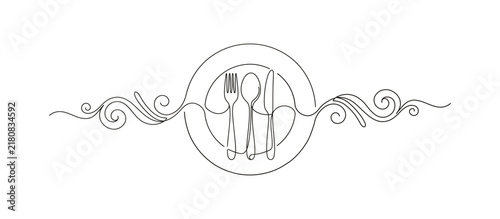 Continuous Line Art Plate Fork Spoon Knife Cutlery Restaurant Logo Menu Ornament Ornamental Border Food Dining Vector Illustration Graphic Element Isolated White Background