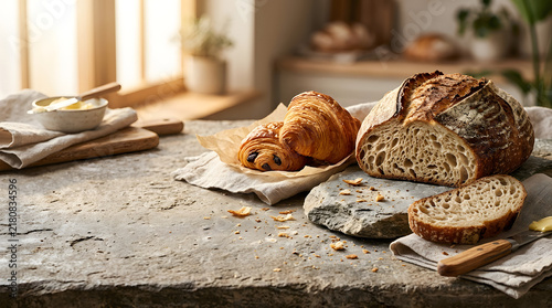 Fresh sourdough bread and pastries on rustic stone counter