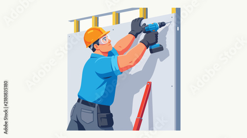 Construction Worker Installing Drywall With Drill