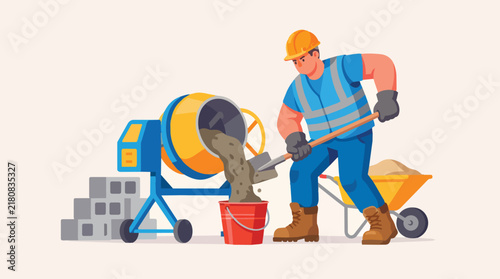 Construction Worker Mixing Concrete with Mixer