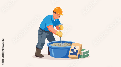 Construction Worker Mixing Concrete in Bucket