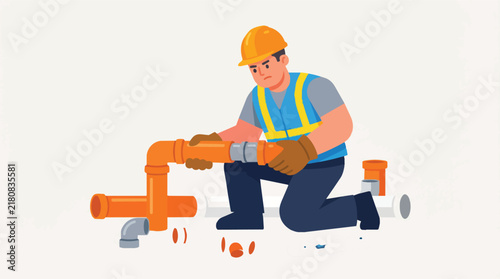 Plumber working on orange pipe connection