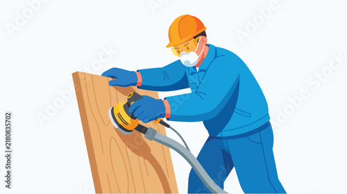 Worker sanding wooden panel with power tool