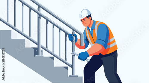 Worker repairing metal staircase railing