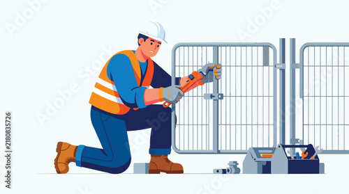 Worker repairing metal gate with robotic arm