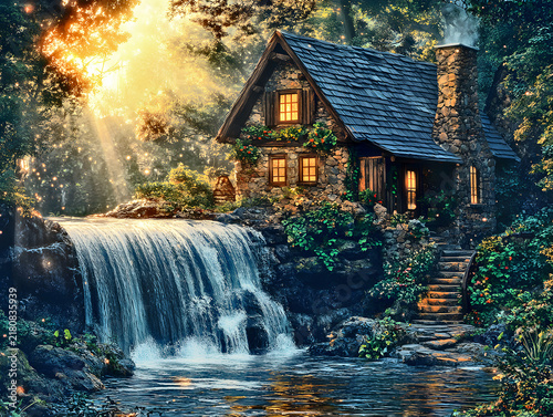 Magical Forest Cottage Beside a Waterfall in a Fairy Tale Landscape