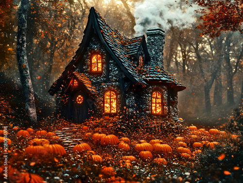 Magical Fairy Tale Cottage Glowing in an Enchanted Autumn Forest