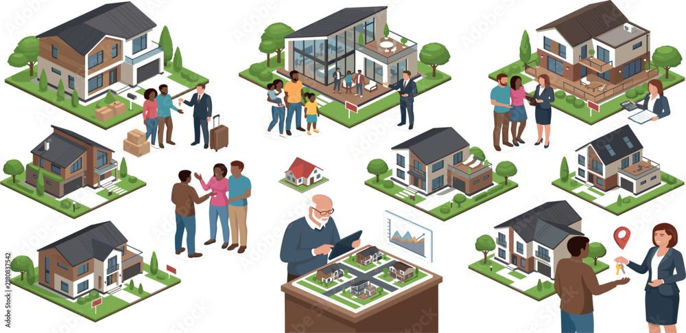 Fototapeta premium Isometric real estate vector collection featuring modern houses property agents and diverse family buyers